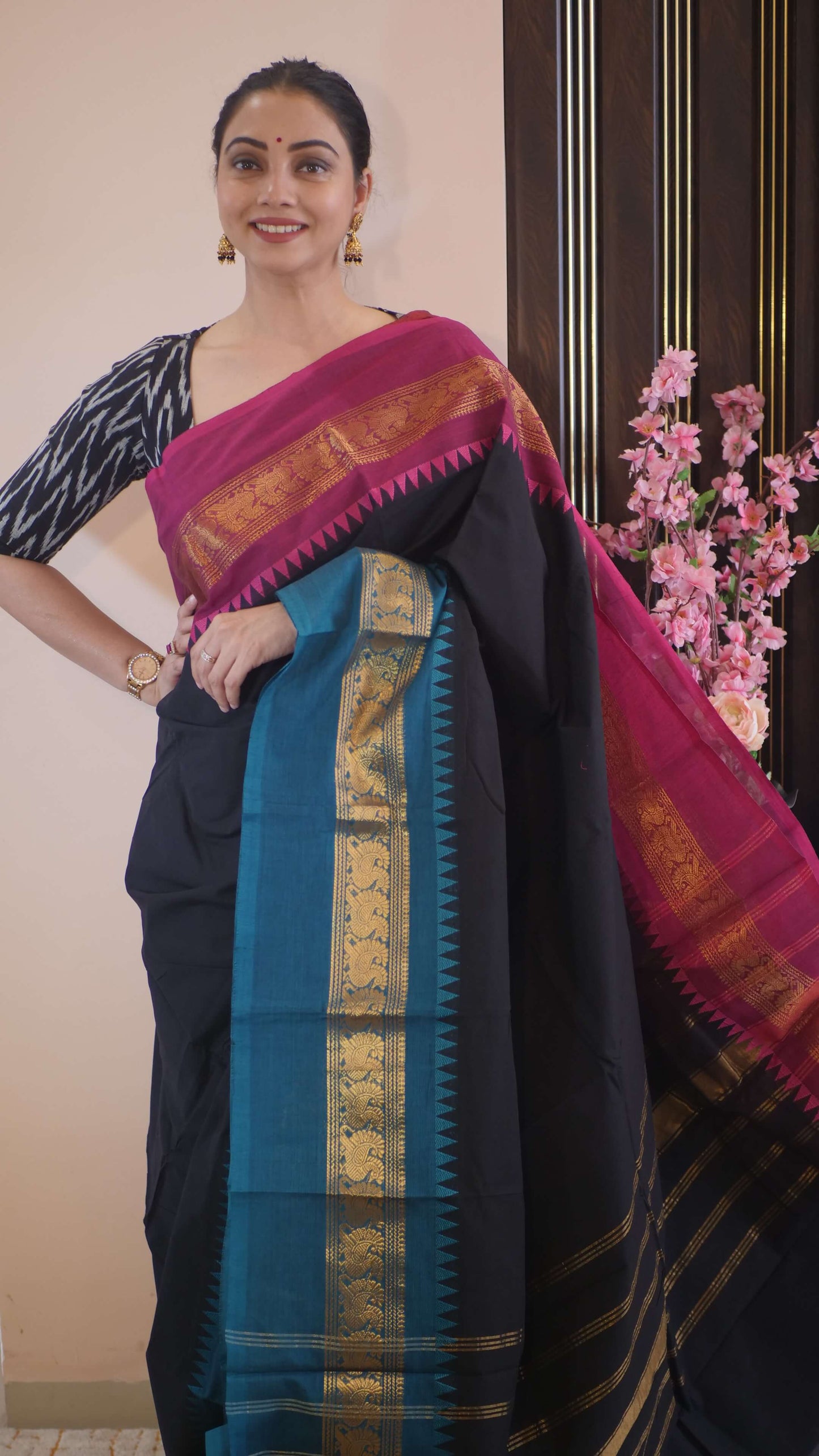 Black Kanchi Cotton Contrast Border Saree
