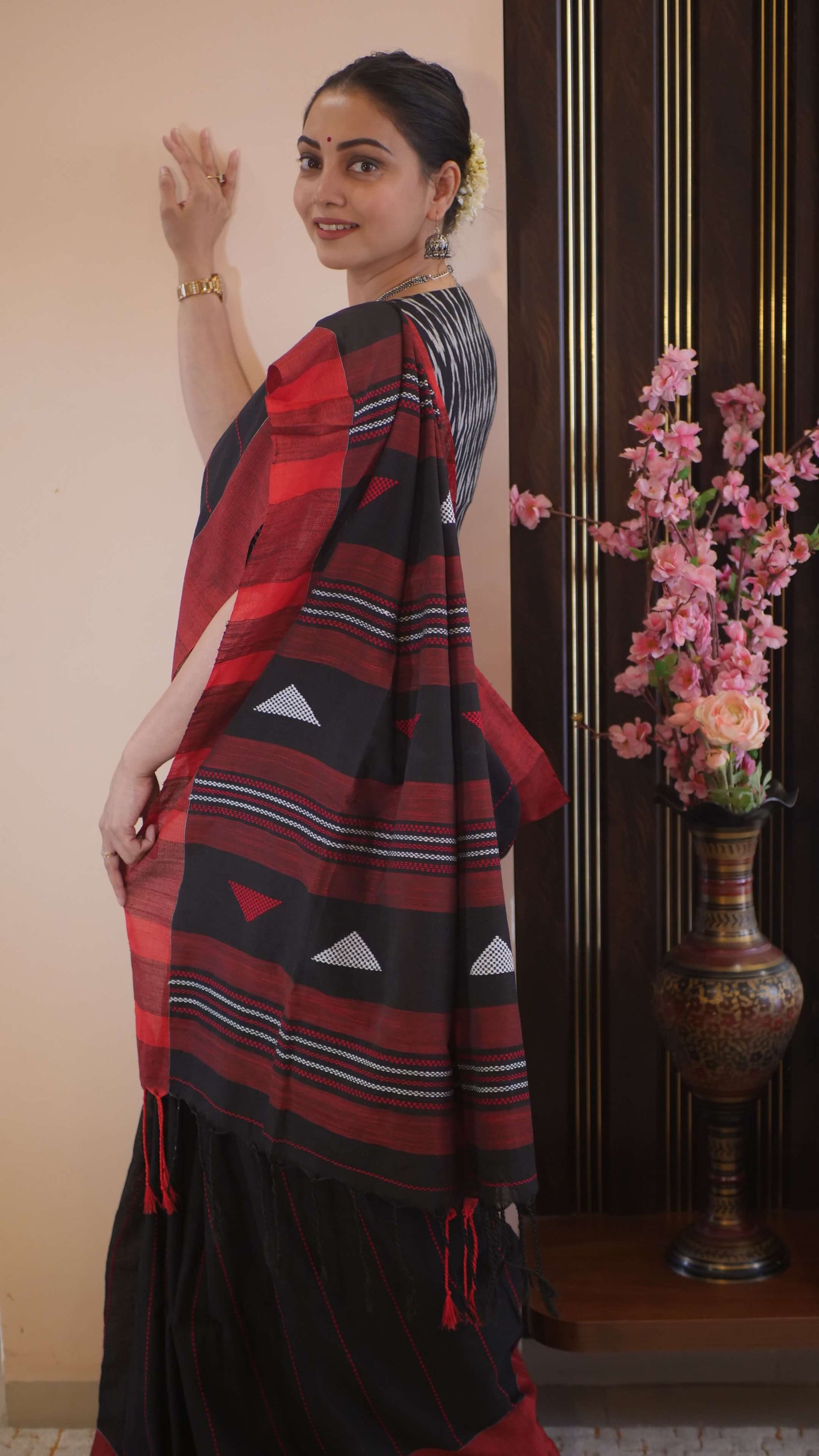 Black Khadi Cotton Weaving Work Saree