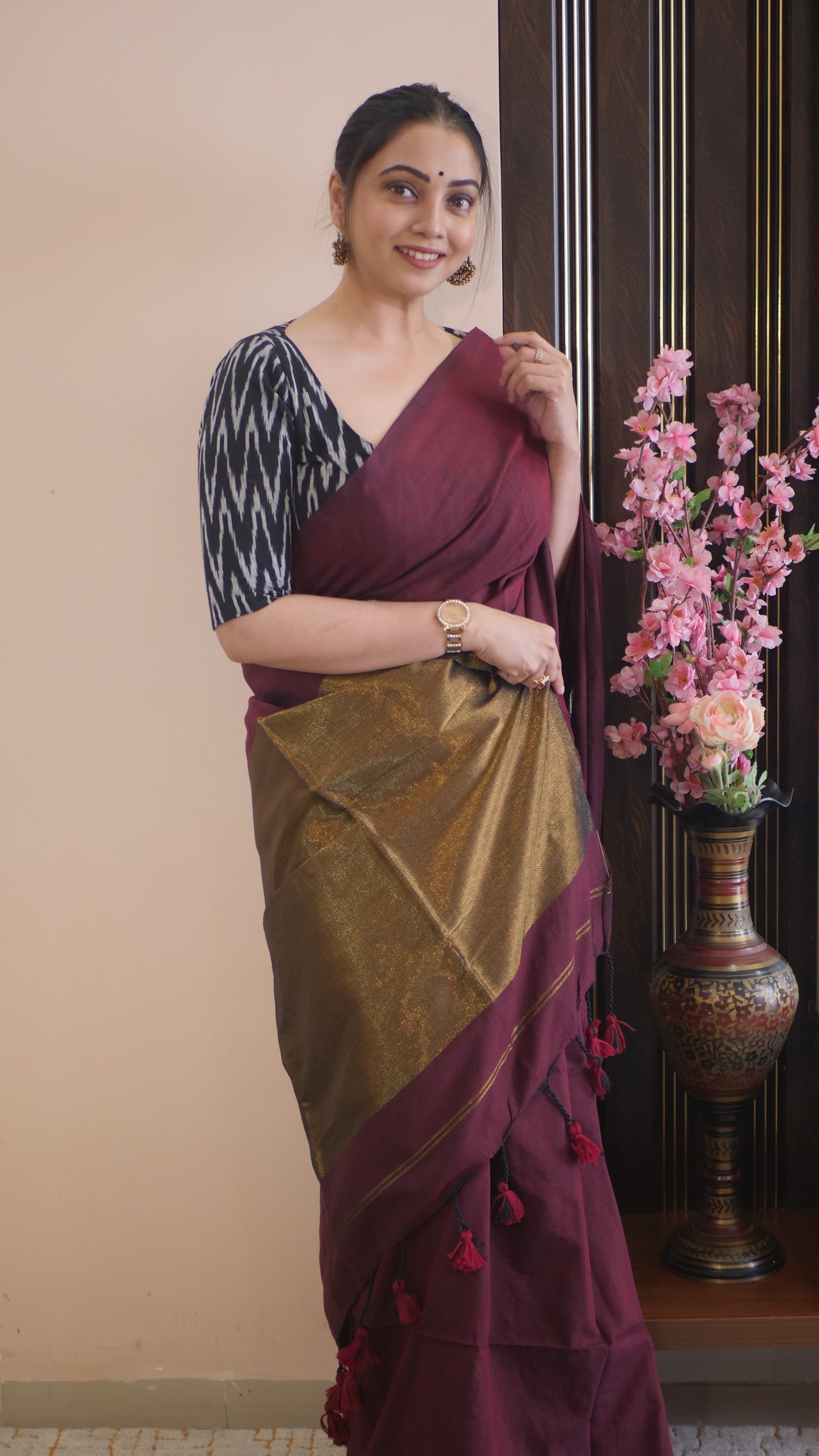 Maroon Khadi Cotton Zari Pallu Saree