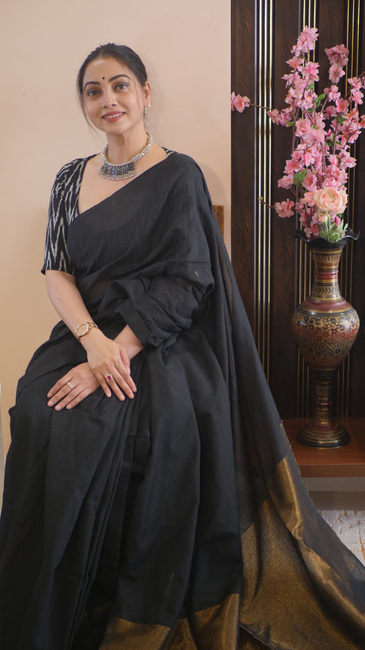 Black Khadi Cotton Zari Pallu Saree