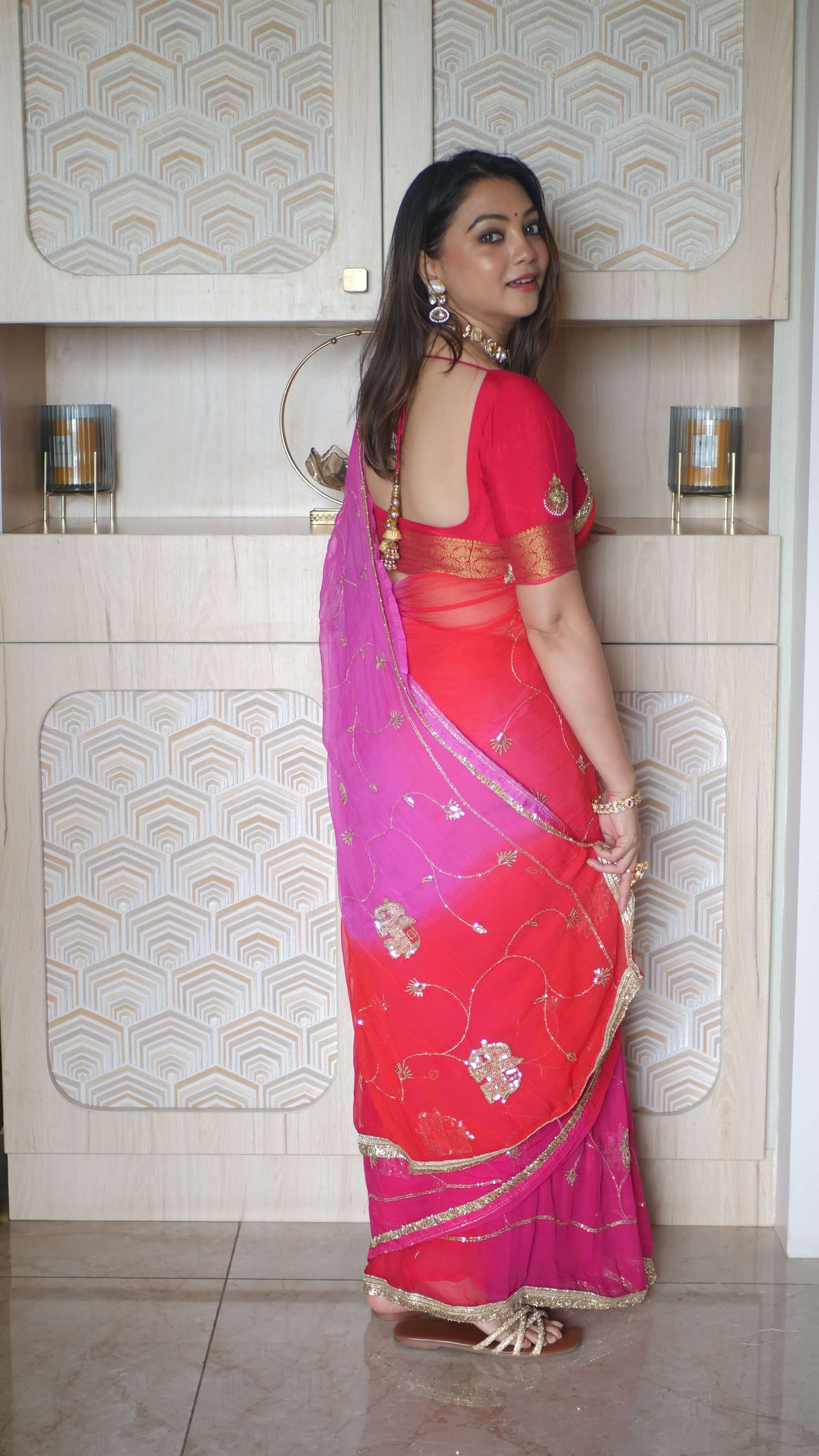Pink Rajwada Chiffon Saree