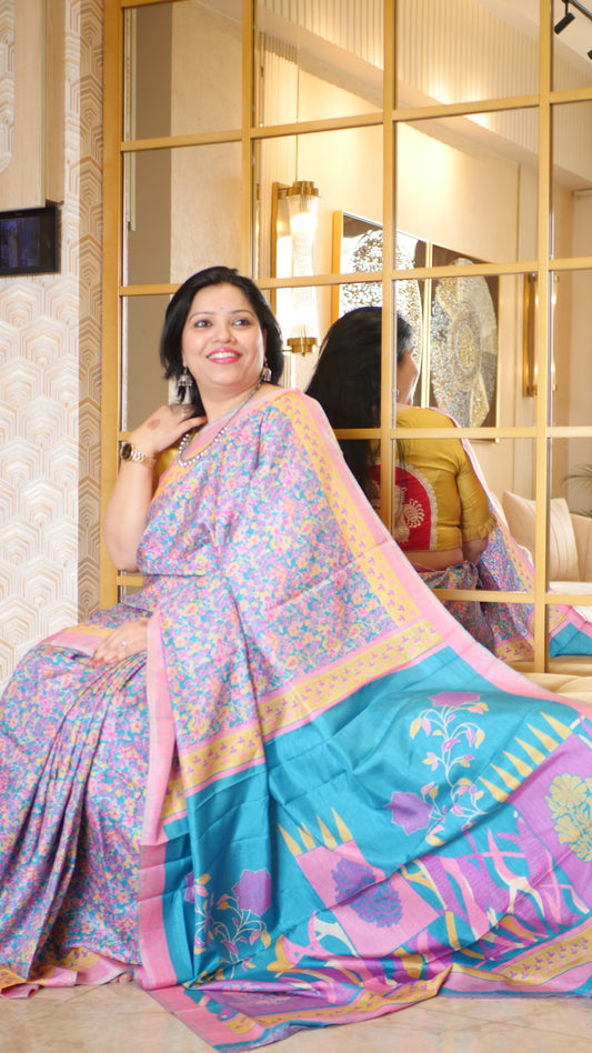 Sky Blue Soft Silk Pashmina Print Saree