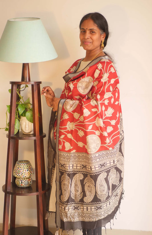 Red Silk Cotton Kalamkari Dupatta