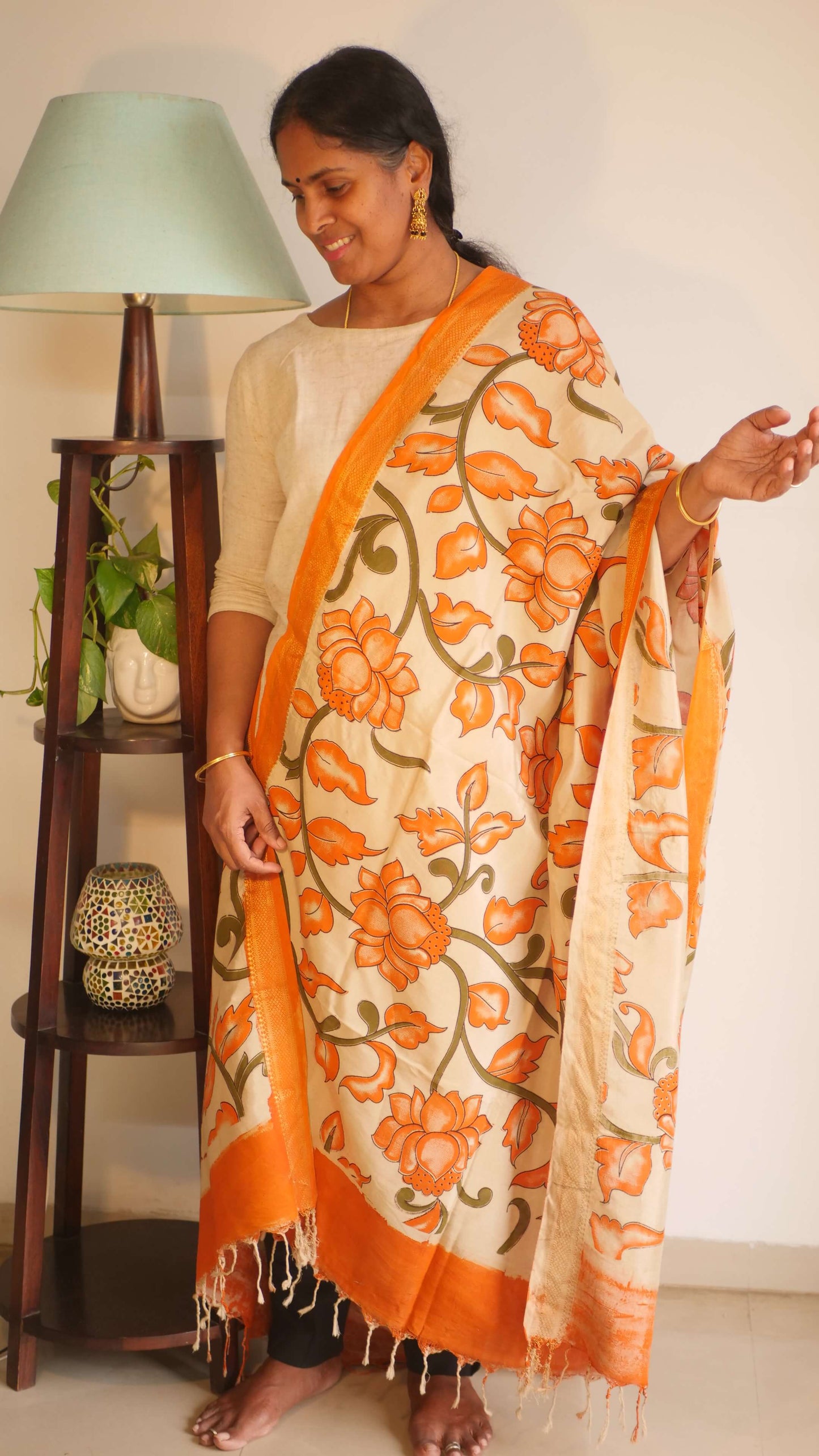 Orange Silk Cotton Kalamkari Dupatta