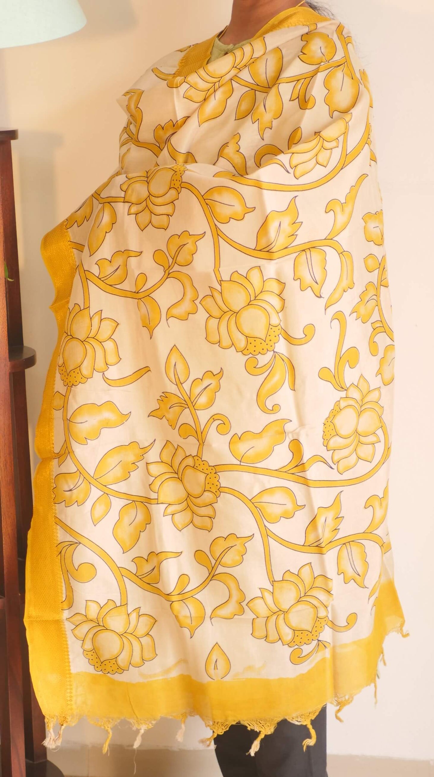 Yellow Silk Cotton Kalamkari Dupatta