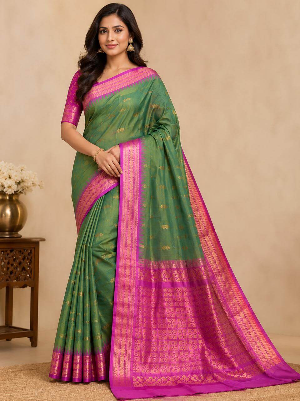 Dark Green Gadwal Cotton Saree