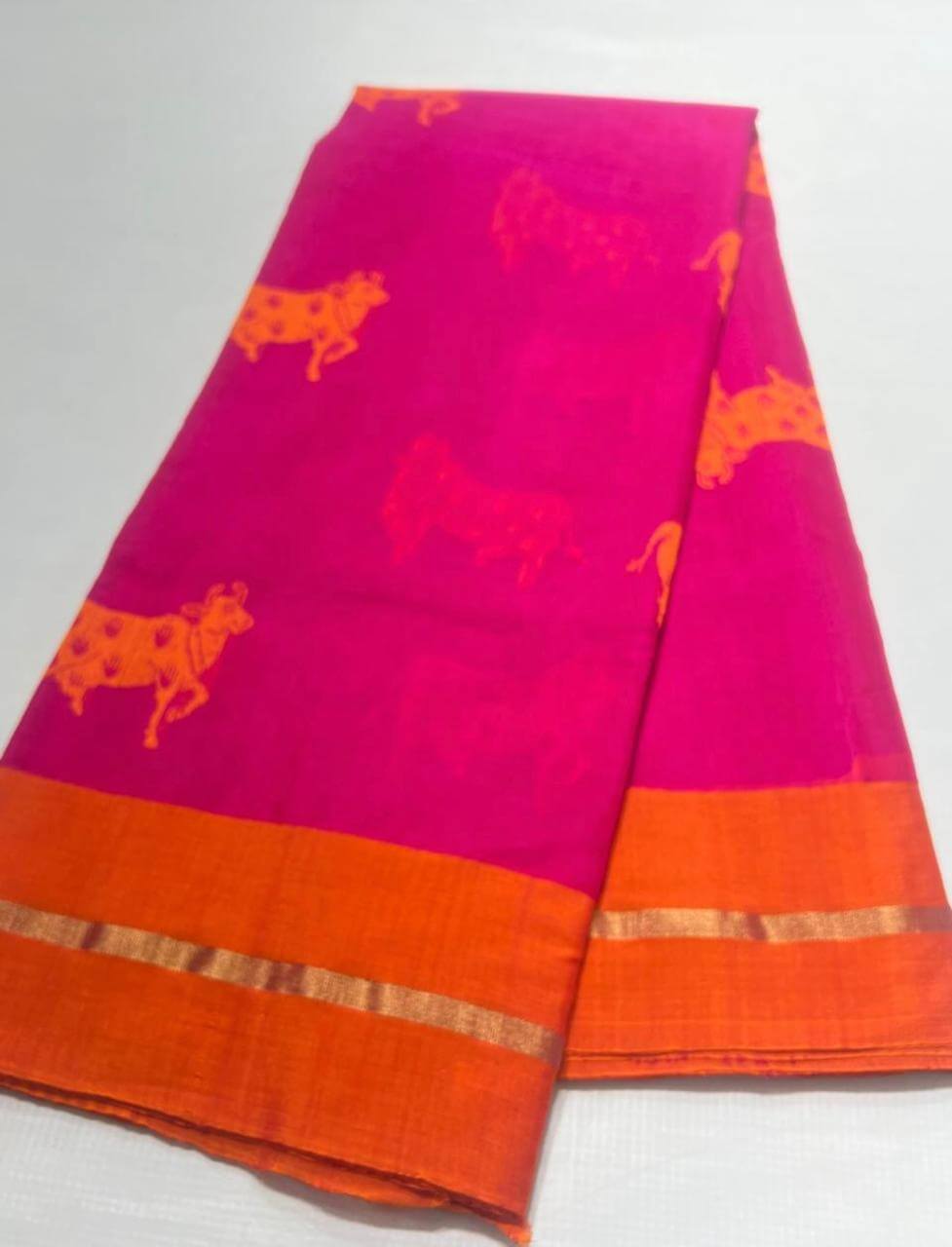 Cow Motif Pink Handloom Chanderi Saree