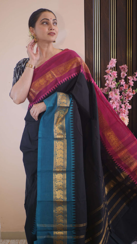 Black Kanchi Cotton Contrast Border Saree