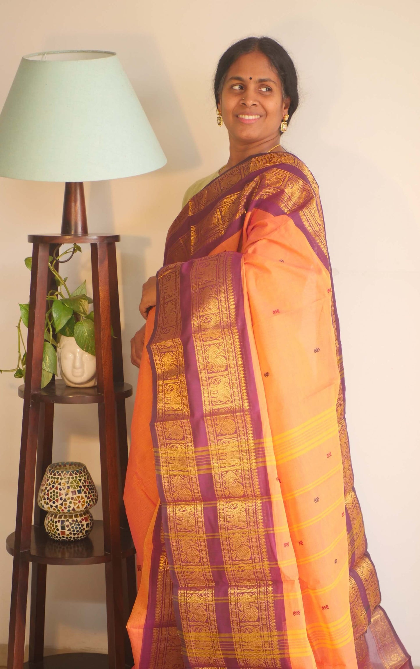 Orange Kanchi Cotton Double Zari Border Saree