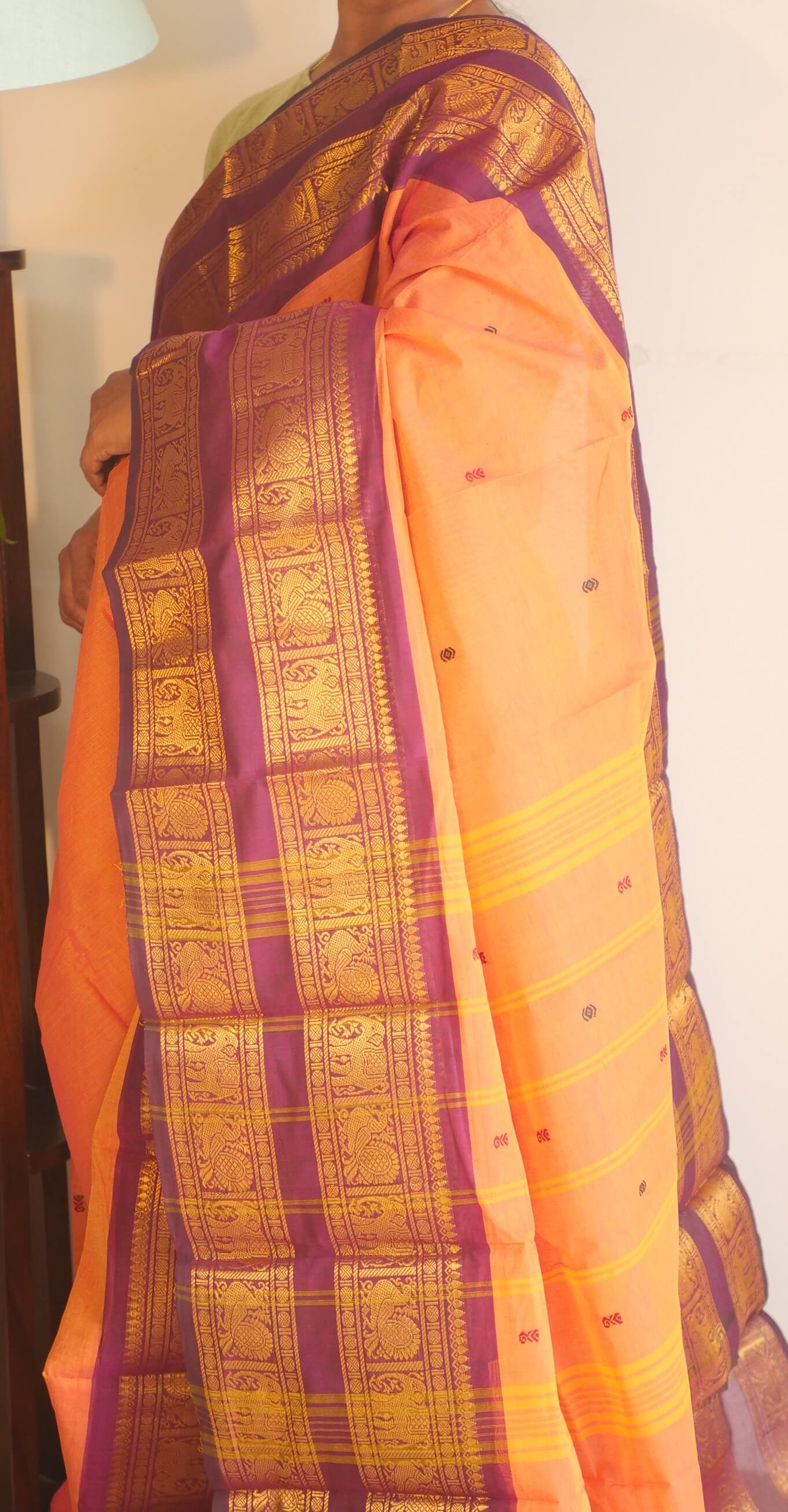 Orange Kanchi Cotton Double Zari Border Saree