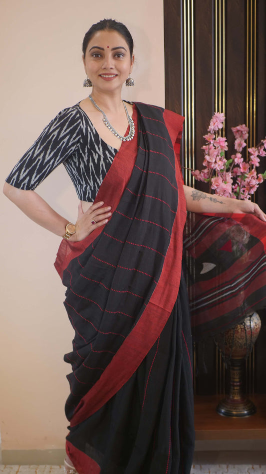 Black Khadi Cotton Weaving Work Saree