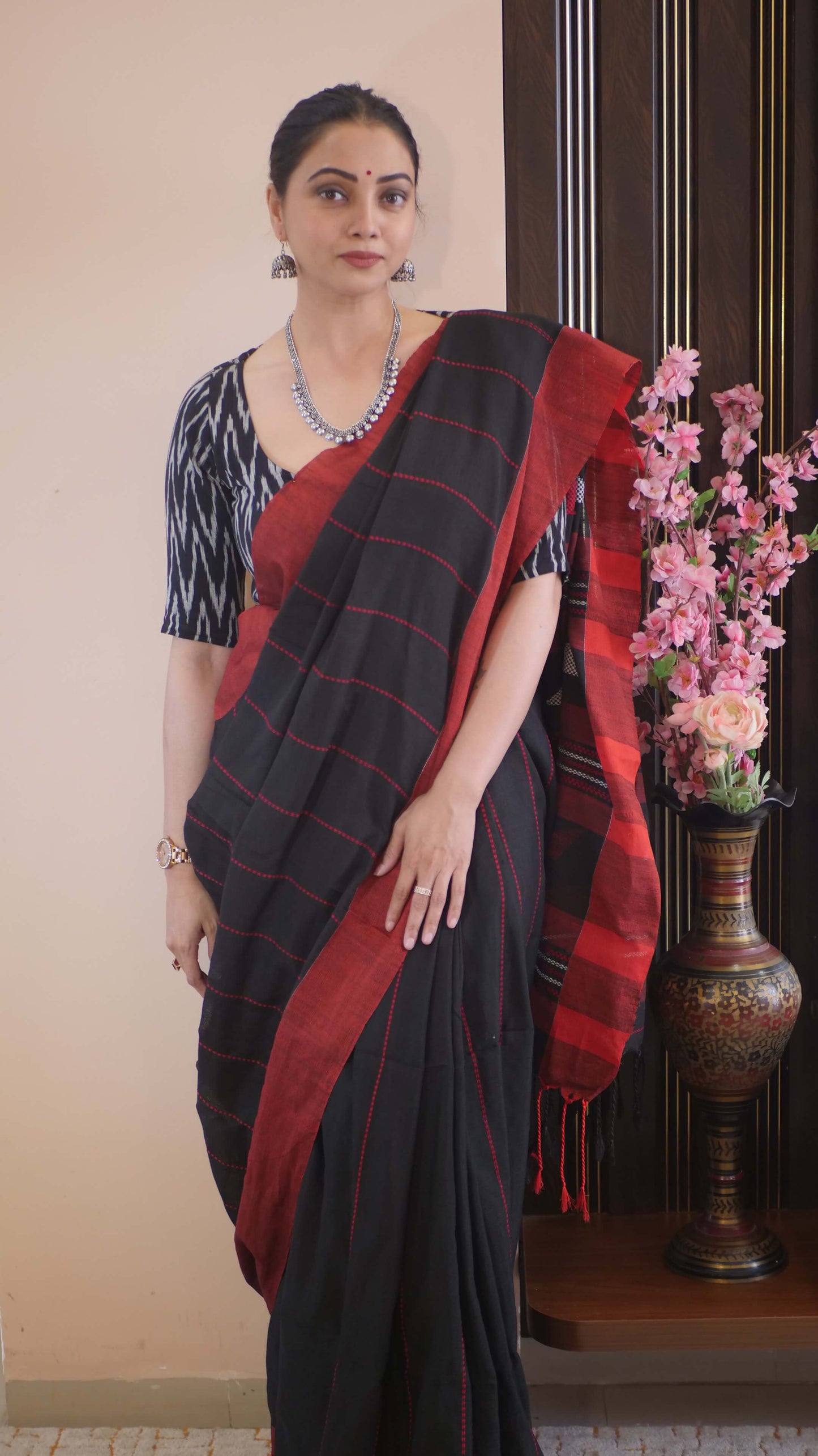 Black Khadi Cotton Weaving Work Saree