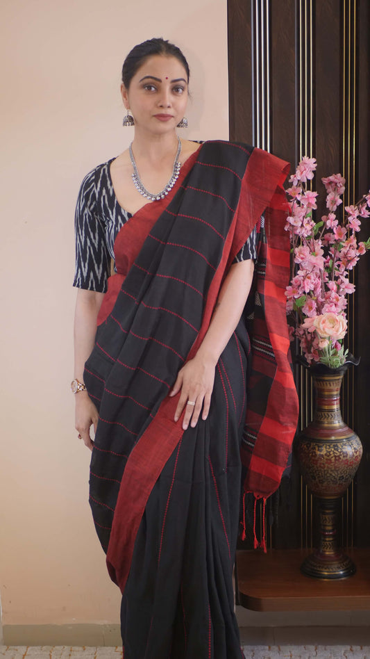 Black Khadi Cotton Weaving Work Saree