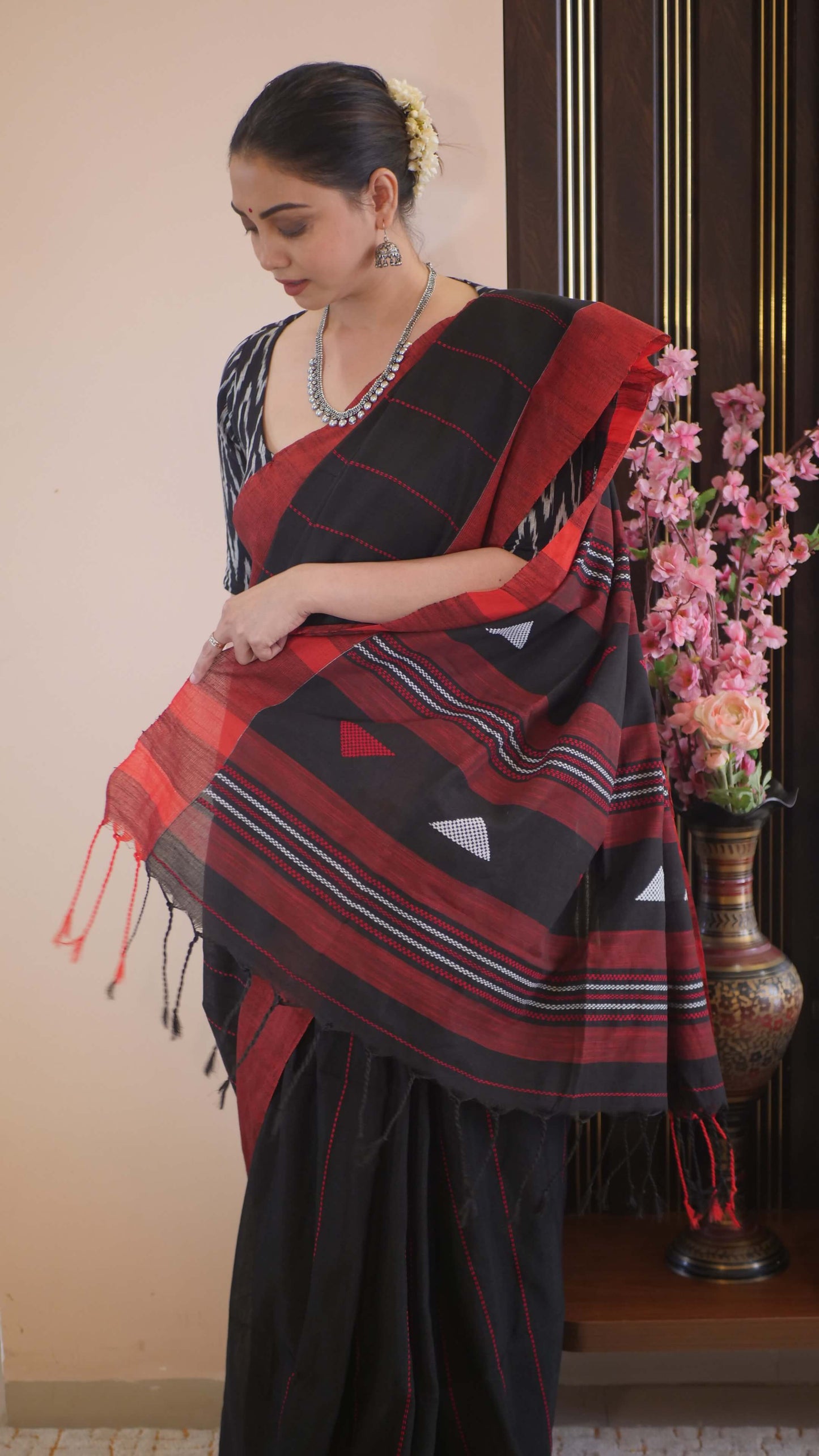 Black Khadi Cotton Weaving Work Saree