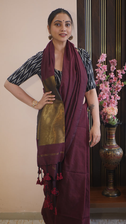 Maroon Khadi Cotton Zari Pallu Saree