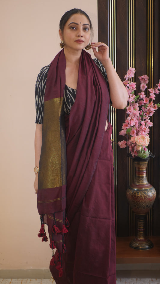Maroon Khadi Cotton Zari Pallu Saree