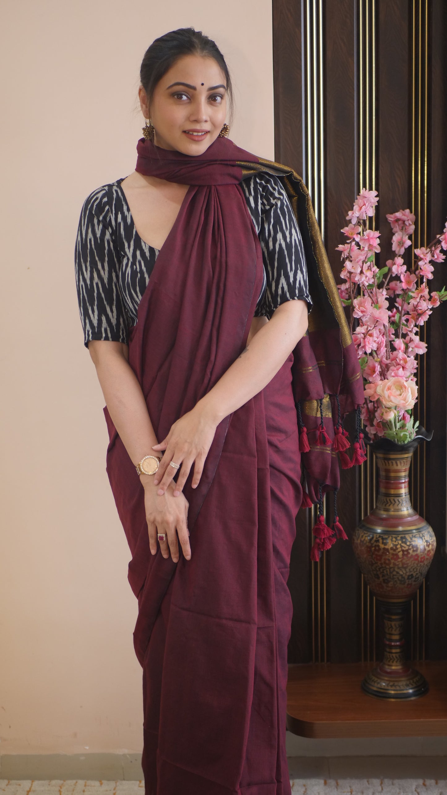 Maroon Khadi Cotton Zari Pallu Saree