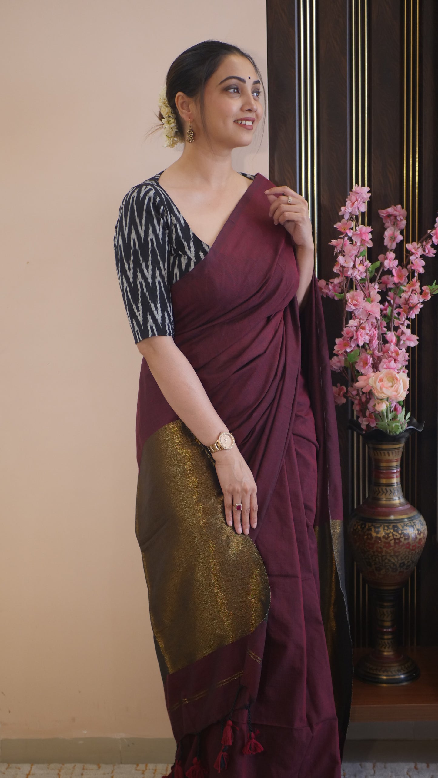Maroon Khadi Cotton Zari Pallu Saree