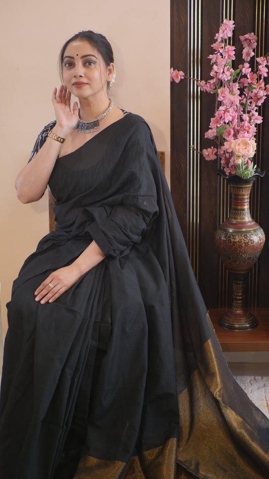 Black Khadi Cotton Zari Pallu Saree