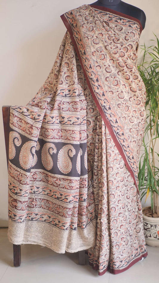 Brown Soft Silk Kalamkari Print Saree