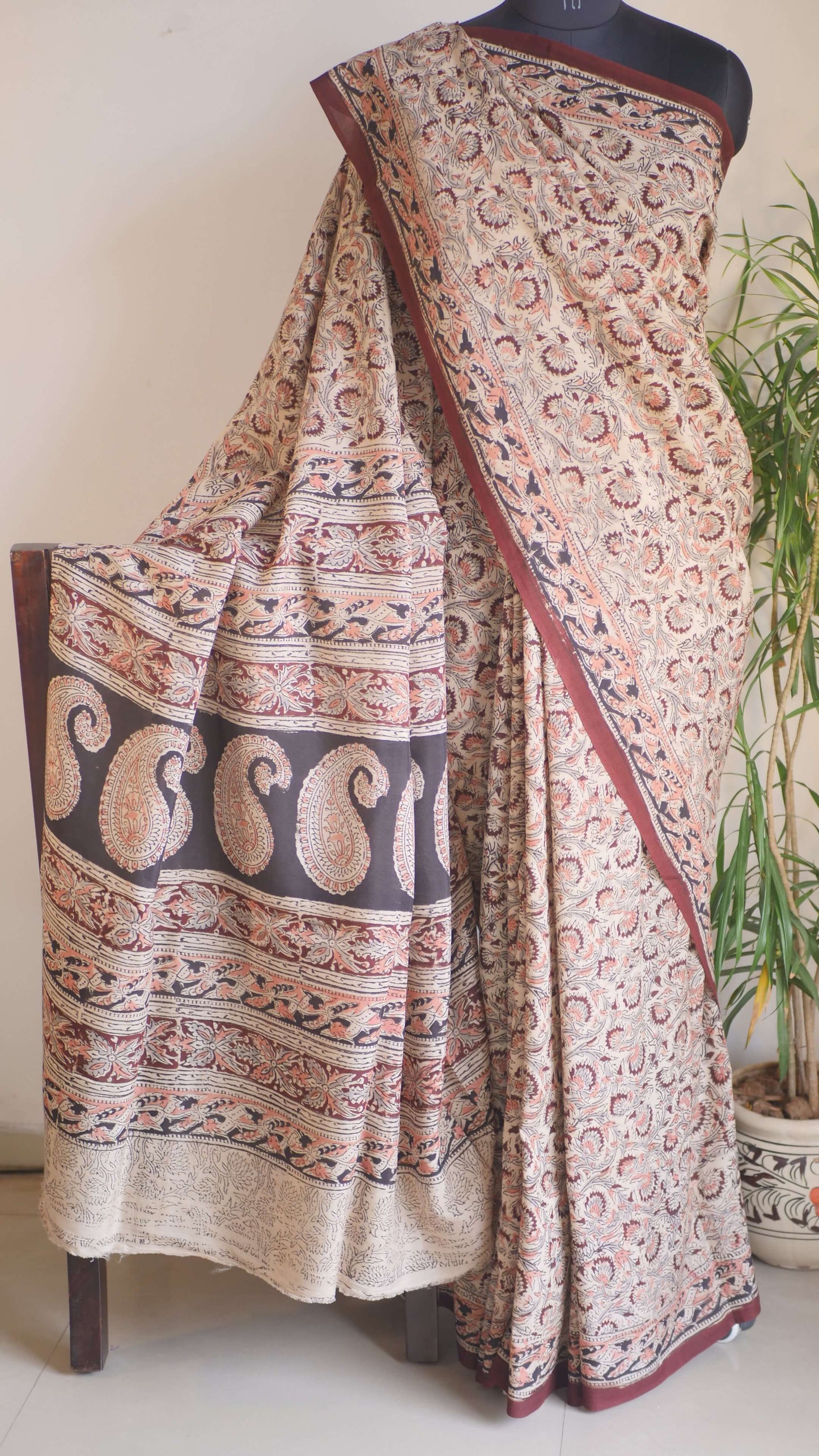Brown Soft Silk Kalamkari Print Saree