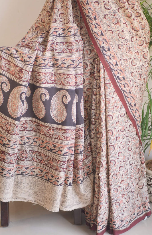 Brown Soft Silk Kalamkari Print Saree