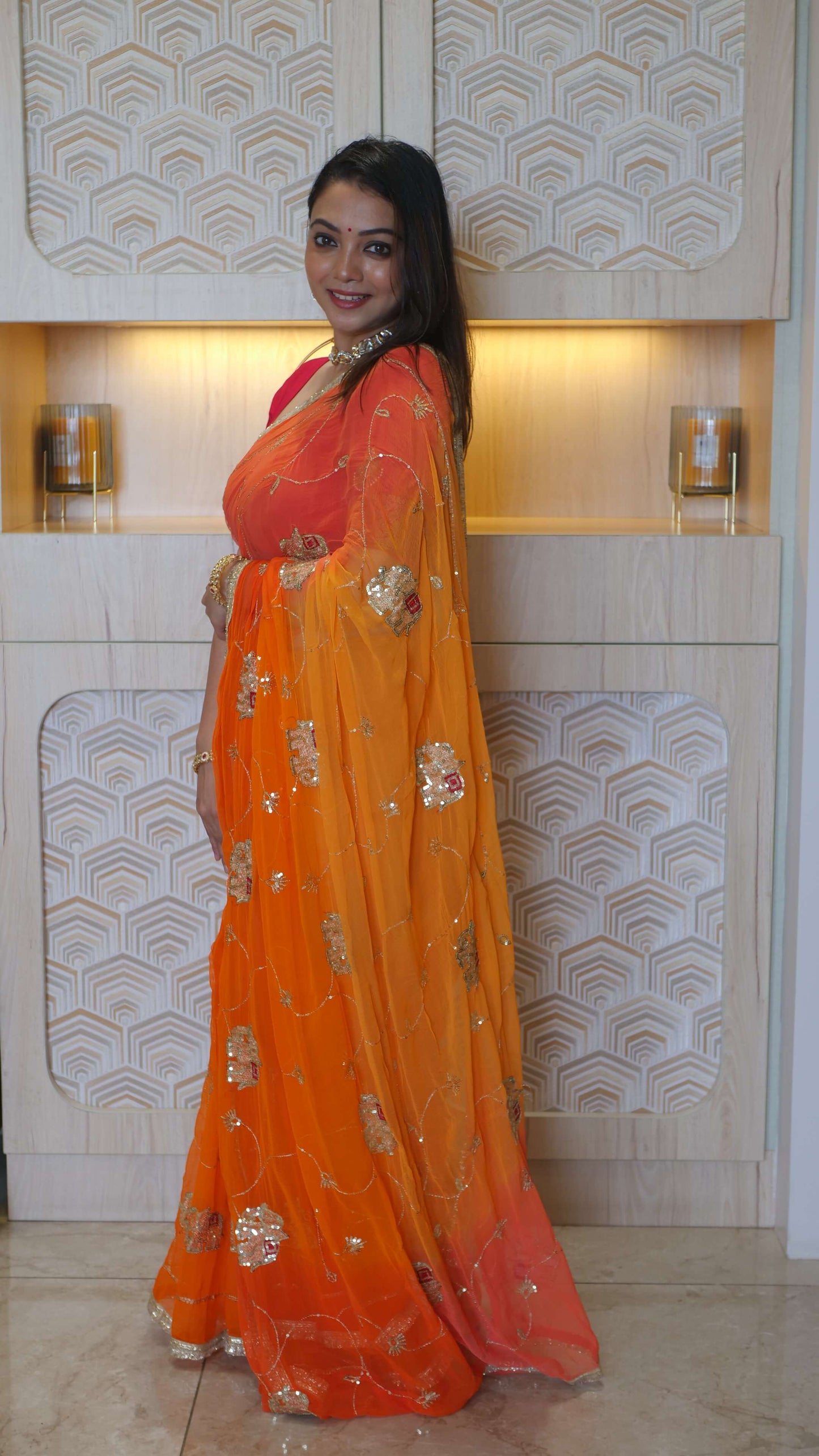 Orange Rajwada Chiffon Saree