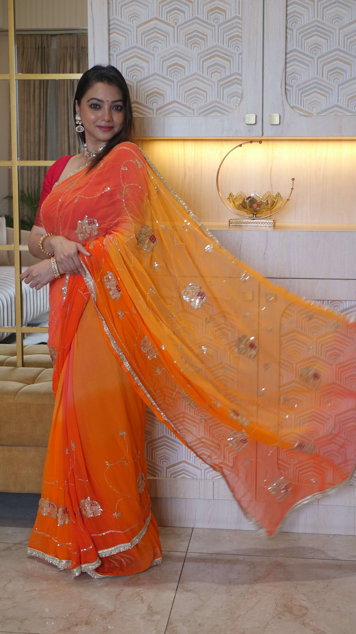 Orange Rajwada Chiffon Saree