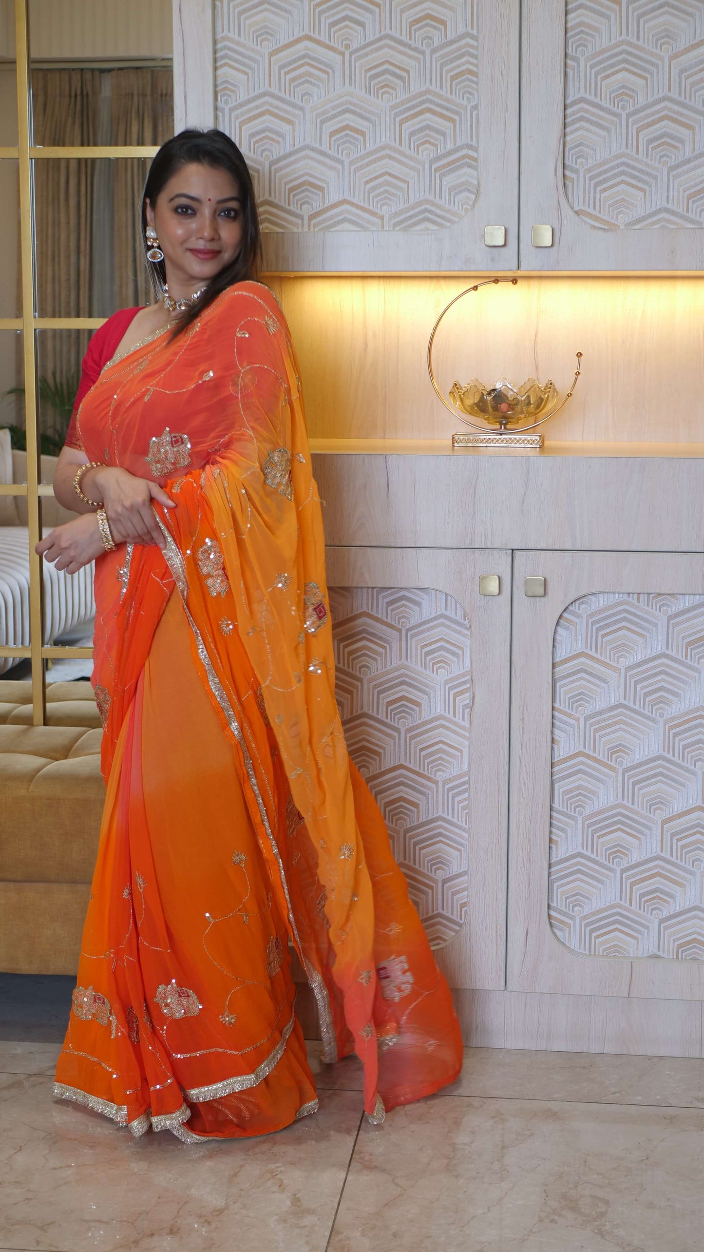 Orange Rajwada Chiffon Saree