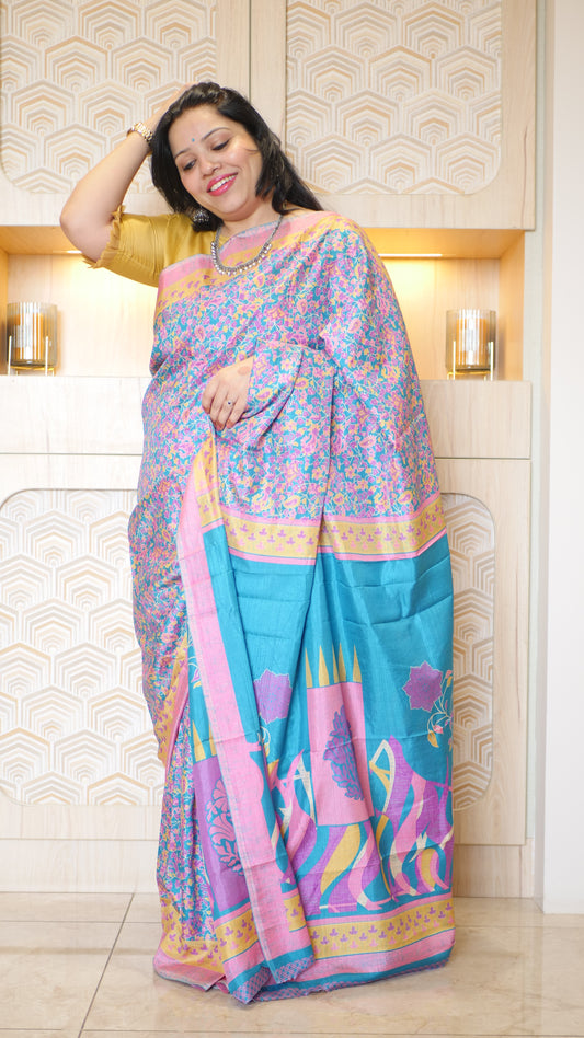 Sky Blue Soft Silk Pashmina Print Saree