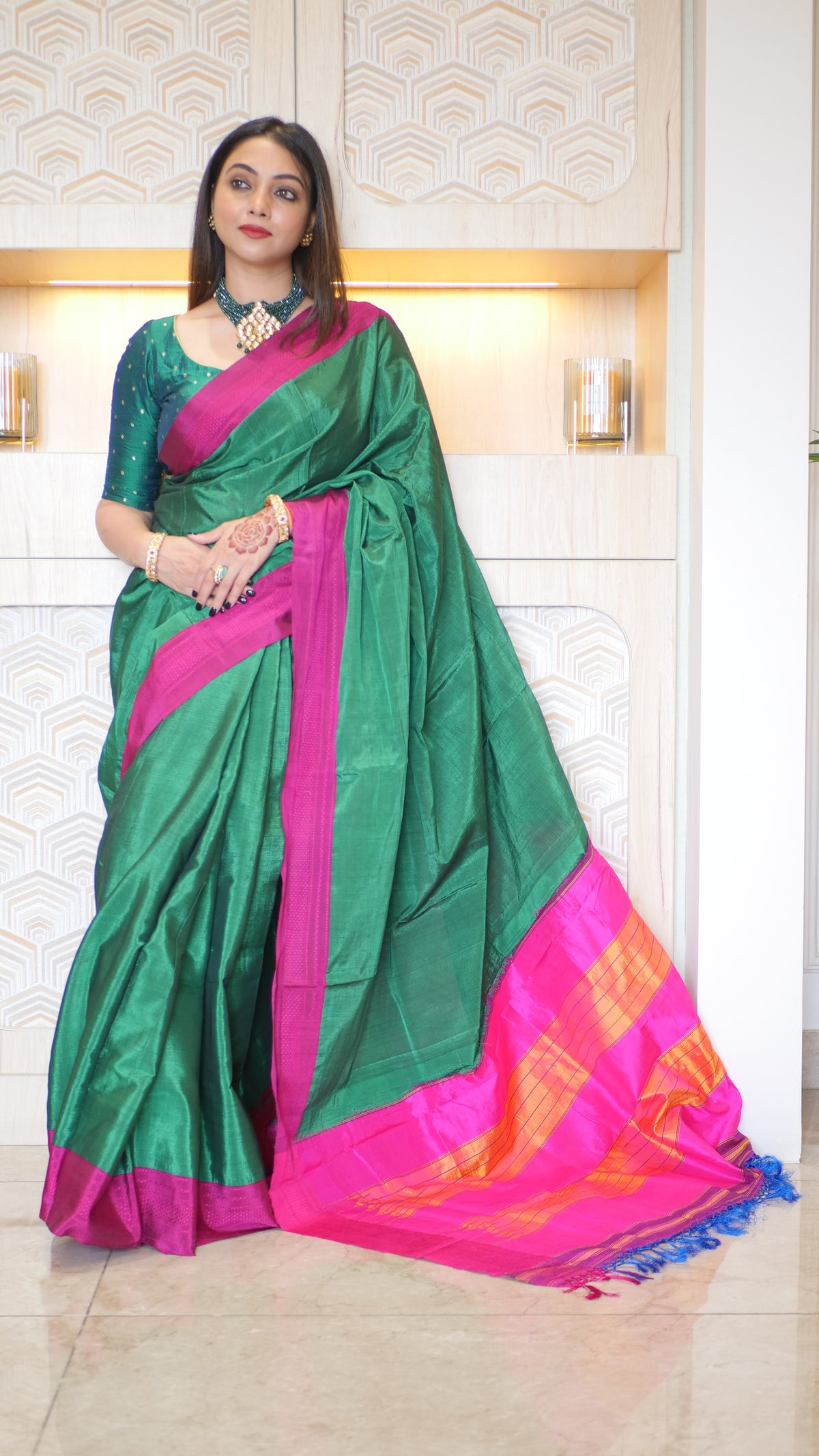 Green Ilkal Self Border Saree