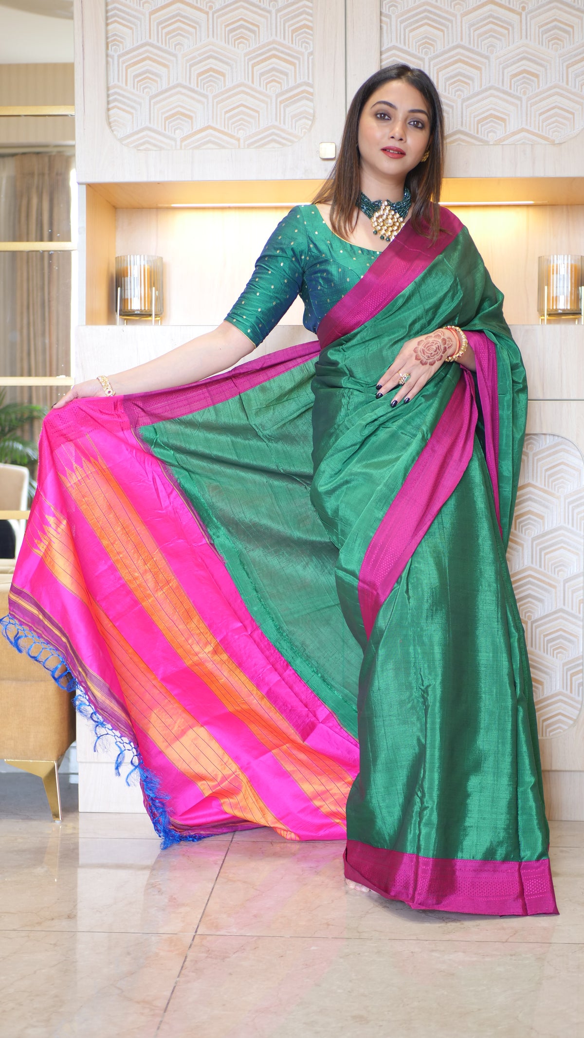 Green Ilkal Self Border Saree