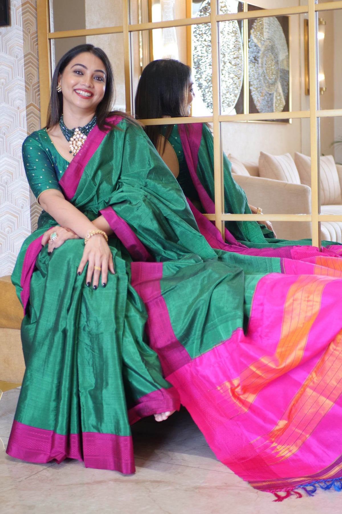 Green Ilkal Self Border Saree