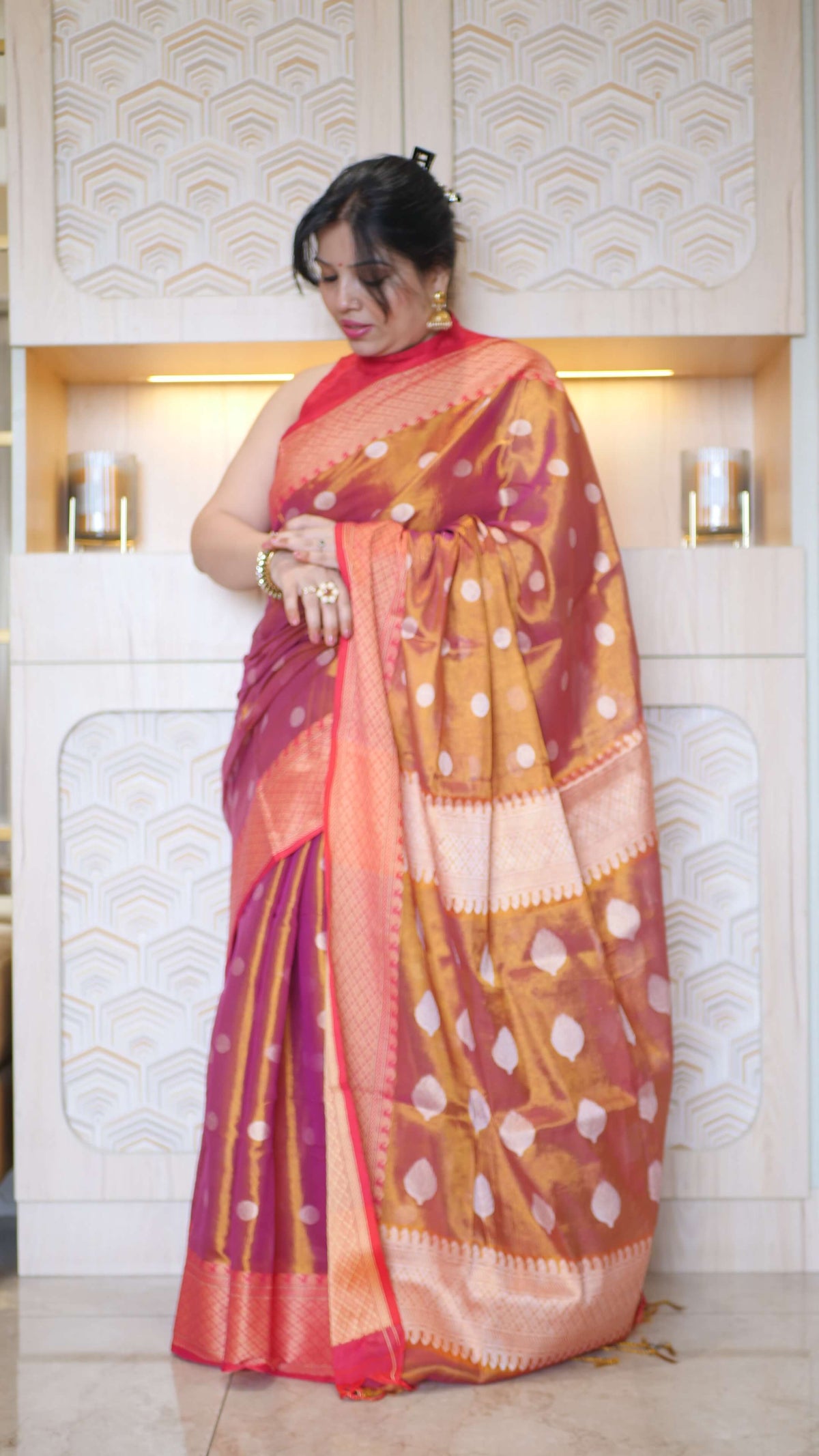 Copper Gold Cotton Tissue Saree