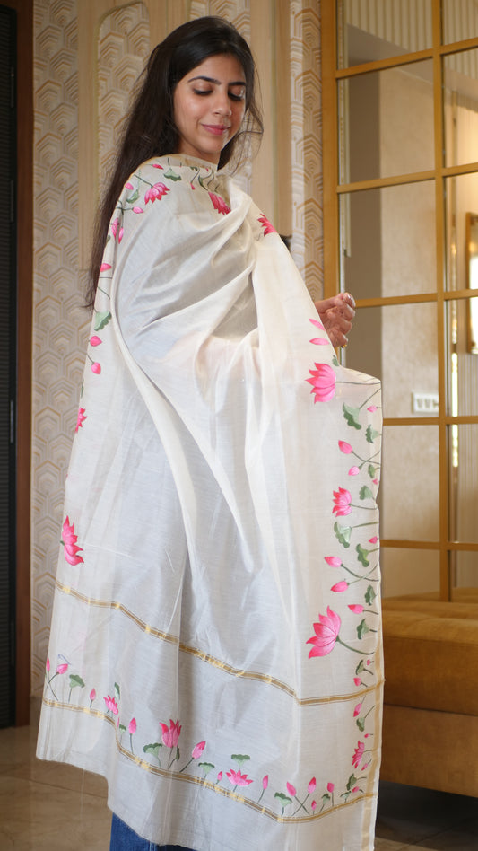 White Pichwai Handpainted Dupatta