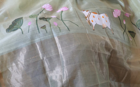 Green Pichwai Handpainted Dupatta