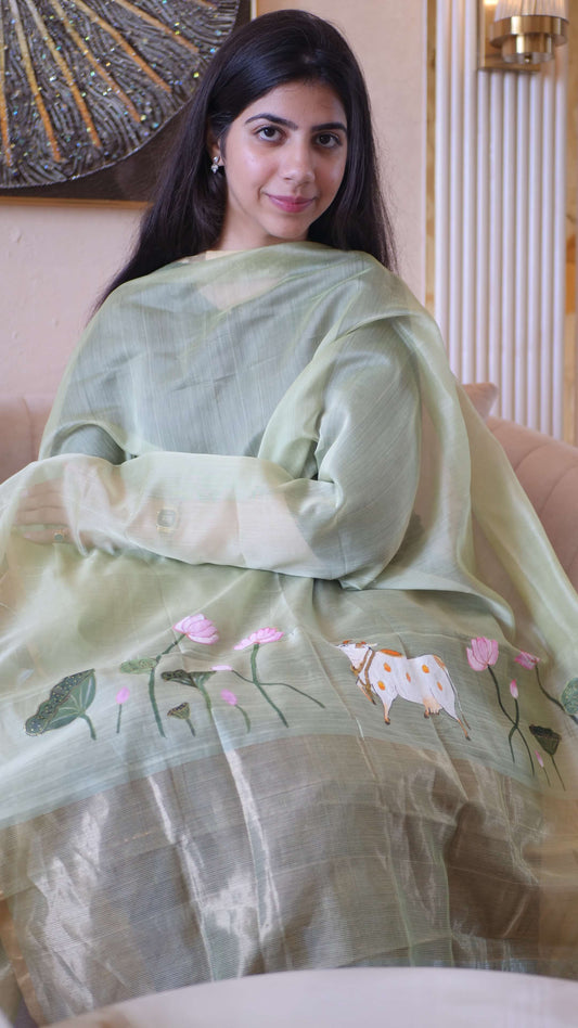 Green Pichwai Handpainted Dupatta