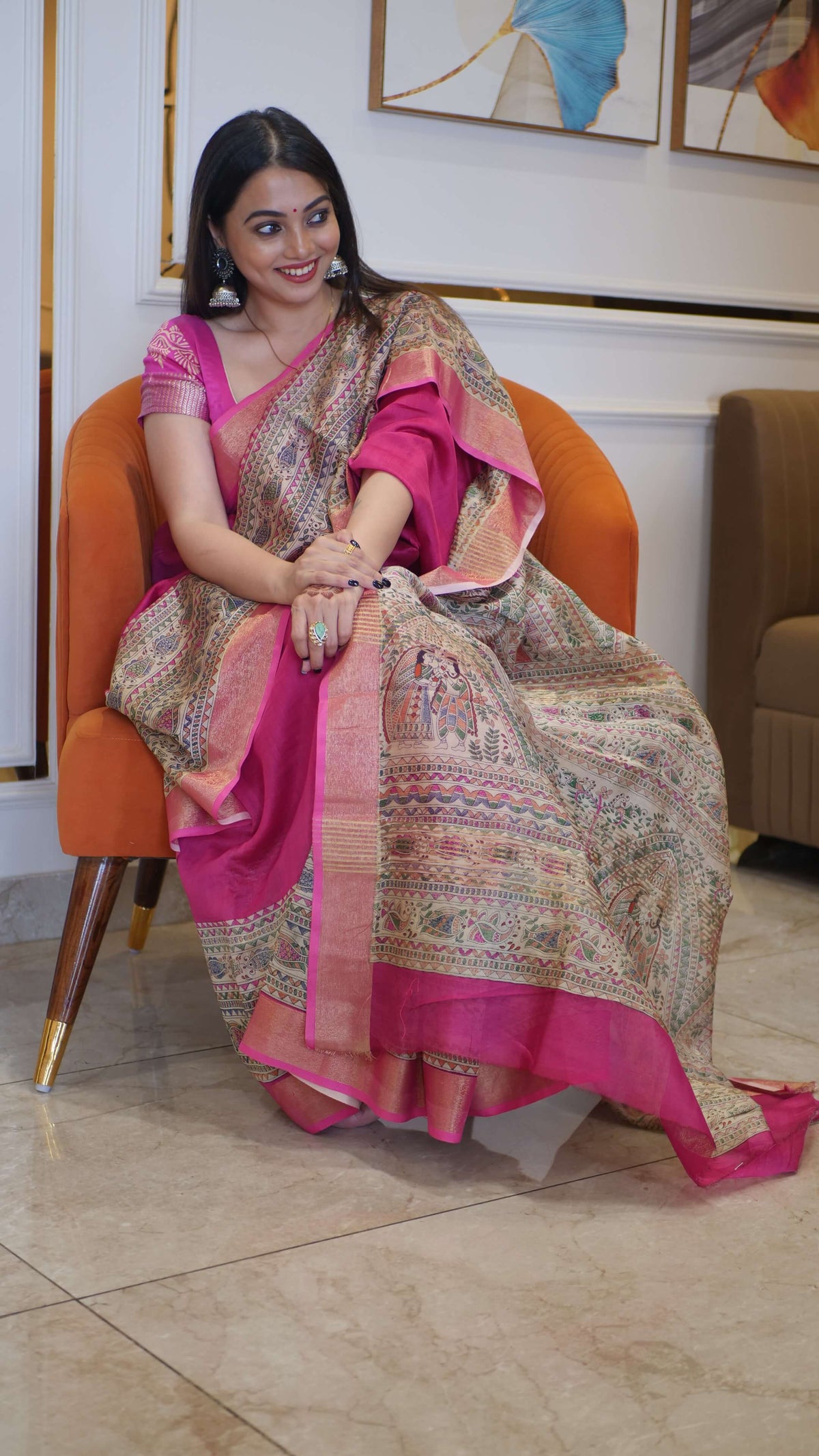 Pink Madhubani Print Chanderi Saree