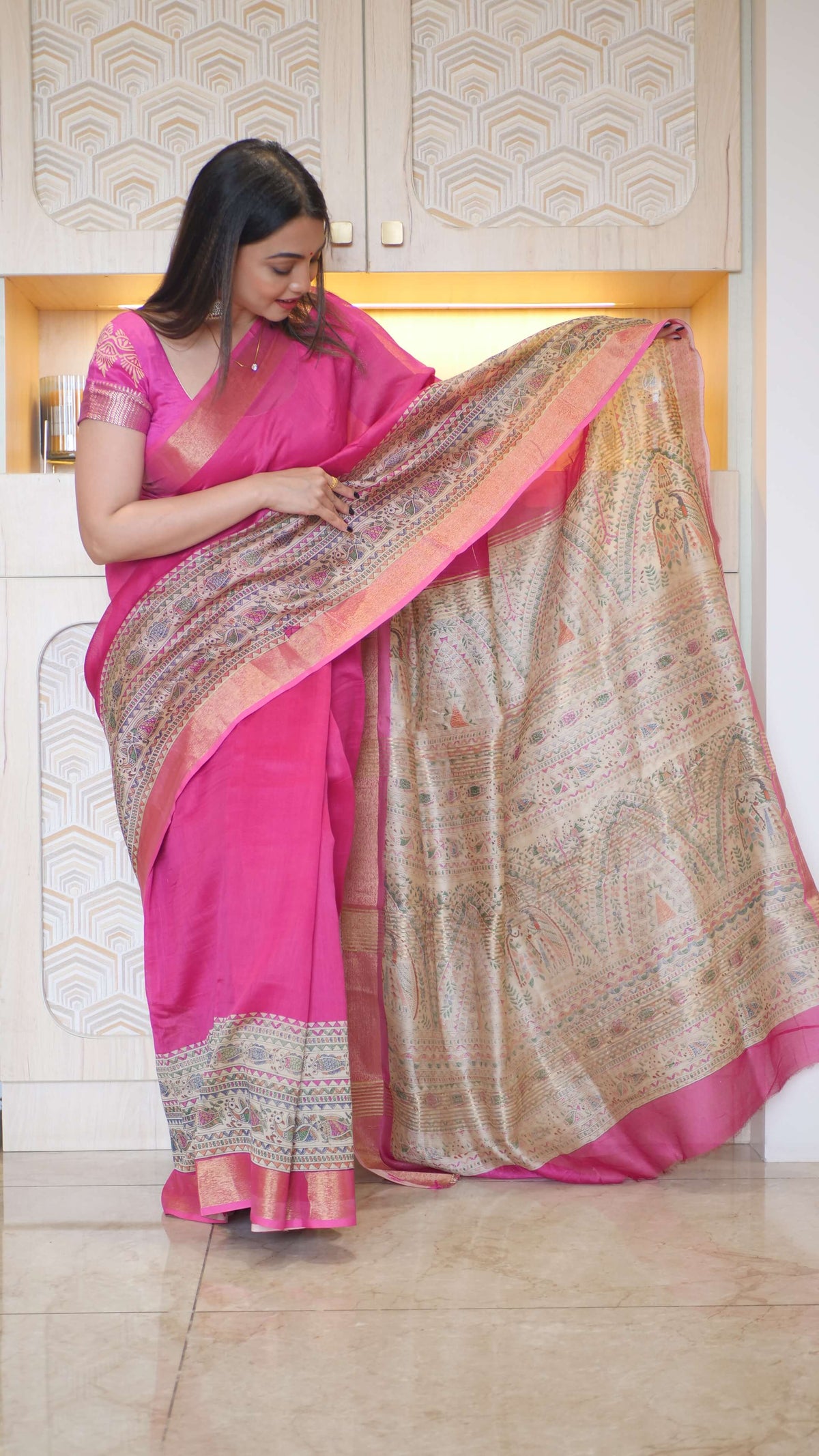 Pink Madhubani Print Chanderi Saree