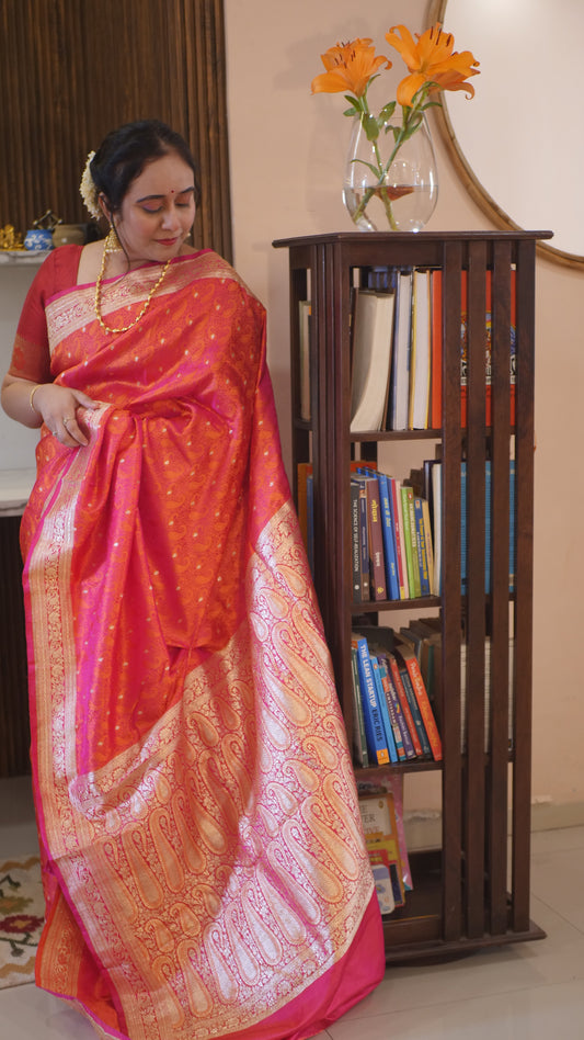 Dual Tone Pink Orange Jamavar Banarasi Saree