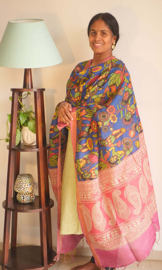 Blue Silk Cotton Kalamkari Dupatta