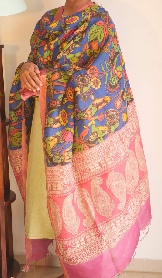 Blue Silk Cotton Kalamkari Dupatta
