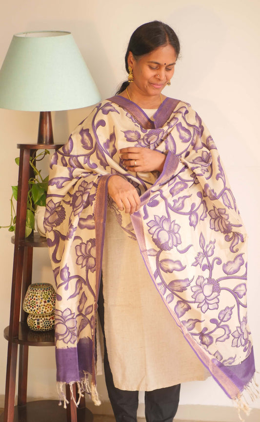 Purple Silk Cotton Kalamkari Dupatta