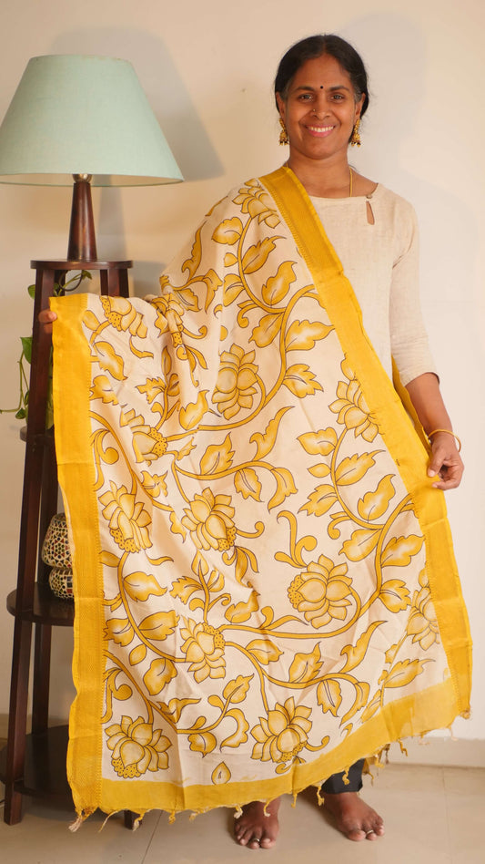 Yellow Silk Cotton Kalamkari Dupatta