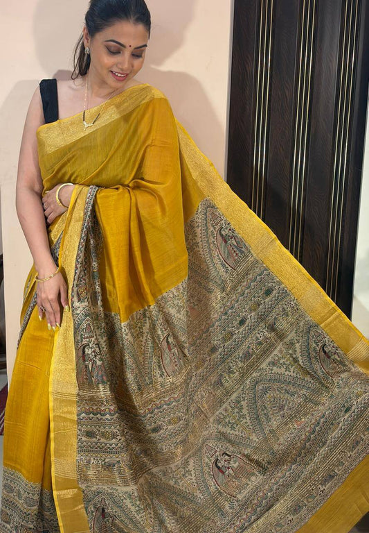Yellow Madhubani Print Chanderi Saree