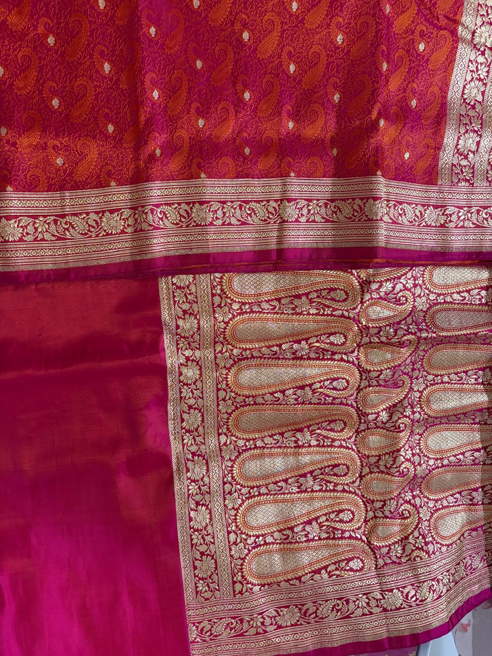 Pure Handloom Banarasi Saree – Orange & Pink Self Weaving with Rich Zari Border Saree