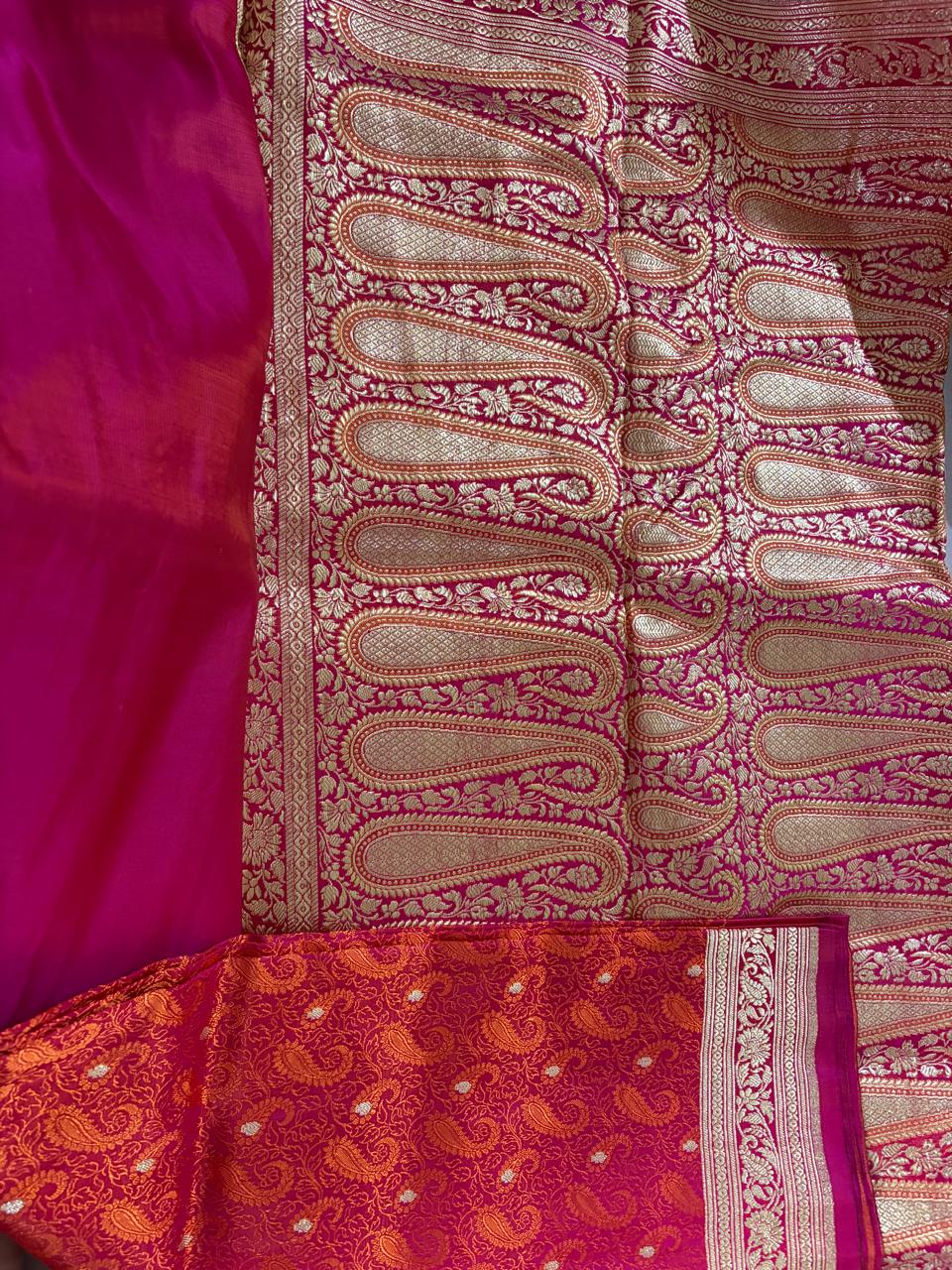 Pure Handloom Banarasi Saree – Orange & Pink Self Weaving with Rich Zari Border Saree