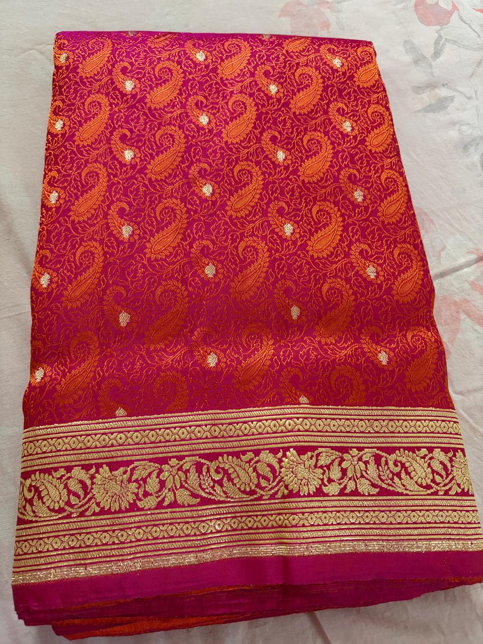 Pure Handloom Banarasi Saree – Orange & Pink Self Weaving with Rich Zari Border Saree