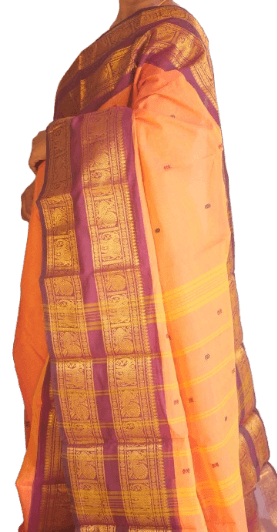 Orange Kanchi Cotton Double Zari Border Saree